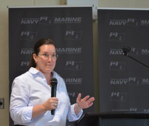 Corinna Heilman, Senior Vice-President of Personnel Support Programs at CFMWS, speaks about the positive impact of Soldier On during the 2025 Navy Bike Ride cheque presentation on September 24, 2025. // Corinna Heilman, vice-présidente supérieure des Programmes de soutien du personnel aux SBMFC, parle de l'impact positif de Sans limites lors de la remise du chèque du Défi-vélo de la Marine 2025, le 24 septembre 2025.