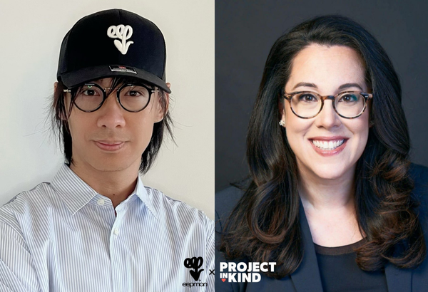 A side-by-side portrait with a photo of Eric Chan, known professionally as EEPMON, on the left and a portrait of Tanya Woods on the right. EEPMON is wearing a black hat with a white EEPMON logo, glasses and a white striped shirt and is in front of a light background. Tanya is wearing glasses and a dark blazer and dark shirt and is in front of a dark background. | Un portrait en côte à côte avec, à gauche, une photo d'Eric Chan, connu professionnellement sous le nom EEPMON, et, à droite, un portrait de Tanya Woods. EEPMON porte un chapeau noir orné du logo EEPMON en blanc, des lunettes et une chemise à rayures blanches ; il se tient devant un fond clair. Tanya porte des lunettes, un blazer foncé et une chemise foncée ; elle se tient devant un fond sombre.