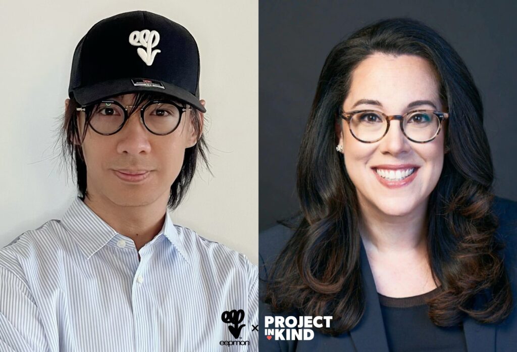 A side-by-side portrait with a photo of Eric Chan, known professionally as EEPMON, on the left and a portrait of Tanya Woods on the right. EEPMON is wearing a black hat with a white EEPMON logo, glasses and a white shirt