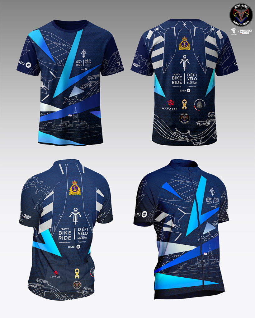 Photos of, clockwise from top left, the front of the Navy Bike Ride shirt, the back of the shirt, the back of the cycling jersey and the front of the cycling jersey, against a light background. | Photos, dans le sens des aiguilles d'une montre à partir du coin supérieur gauche, du devant du t-shirt du Défi-vélo de la Marine, du dos du t-shirt, du dos du maillot de cyclisme et du devant du maillot de cyclisme, sur fond clair.